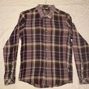 Alkemy Men’s Button Down, Size S, Black/Purple Plaid, Semi-Sheer